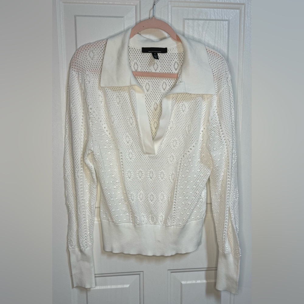 White Open-Knit Collared Sweater Top